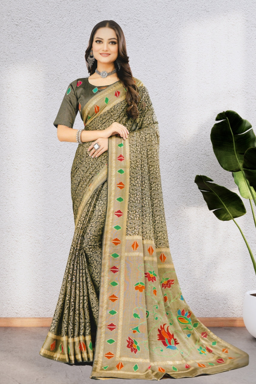 ISHYA SILK SAREE WITH BEAUTIFUL AND NECK DESIGNED BLOUSE, 8 BEAUTIFUL COLORS