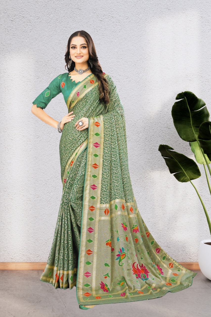 ISHYA SILK SAREE WITH BEAUTIFUL AND NECK DESIGNED BLOUSE, 8 BEAUTIFUL COLORS