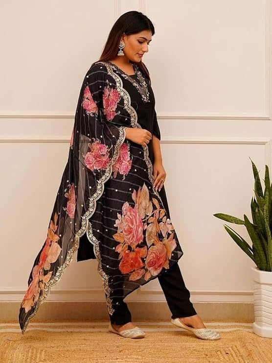 BLACK MUSLIN SUIT WITH DIGITAL PRINTED FLORAL DUPATTA