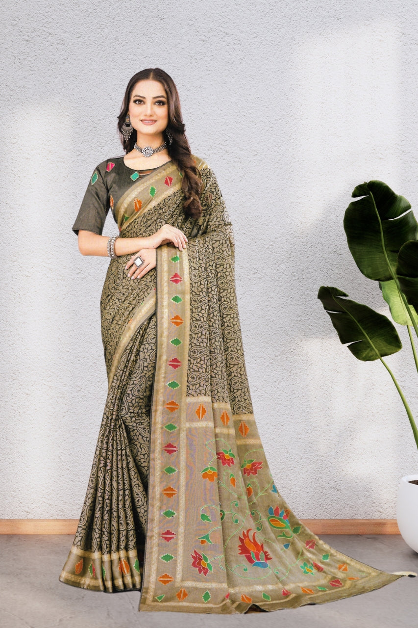 ISHYA SILK SAREE WITH BEAUTIFUL AND NECK DESIGNED BLOUSE, 8 BEAUTIFUL COLORS