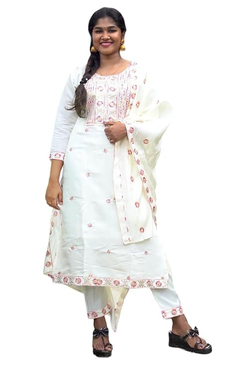 OFF WHITE COTTON EMBROIDERY SUITE WITH COTTON DUPATTA