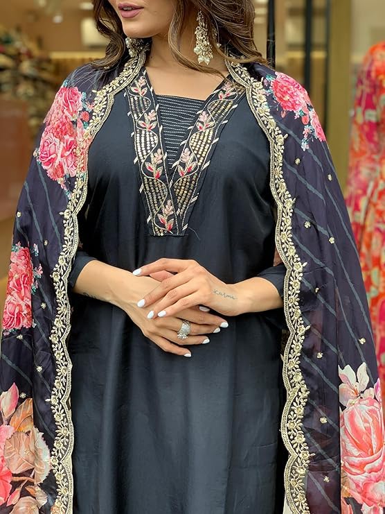 BLACK MUSLIN SUIT WITH DIGITAL PRINTED FLORAL DUPATTA