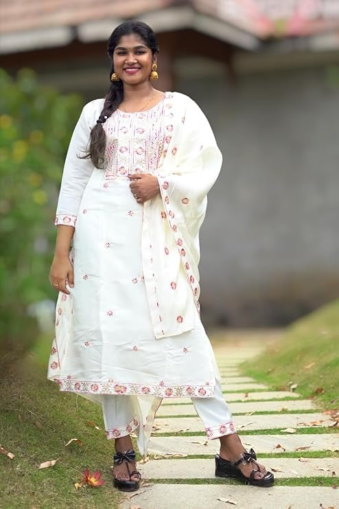 OFF WHITE COTTON EMBROIDERY SUITE WITH COTTON DUPATTA