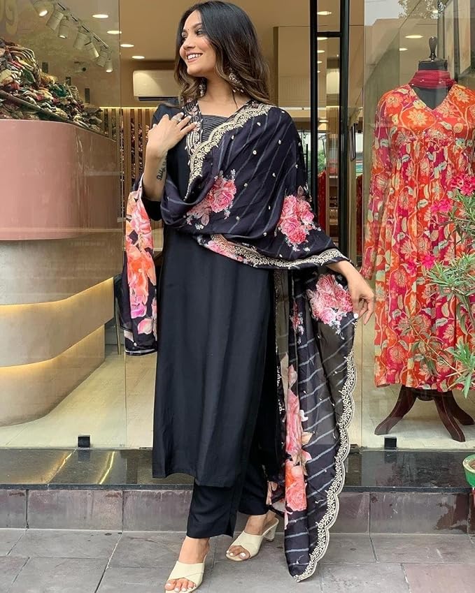 BLACK MUSLIN SUIT WITH DIGITAL PRINTED FLORAL DUPATTA