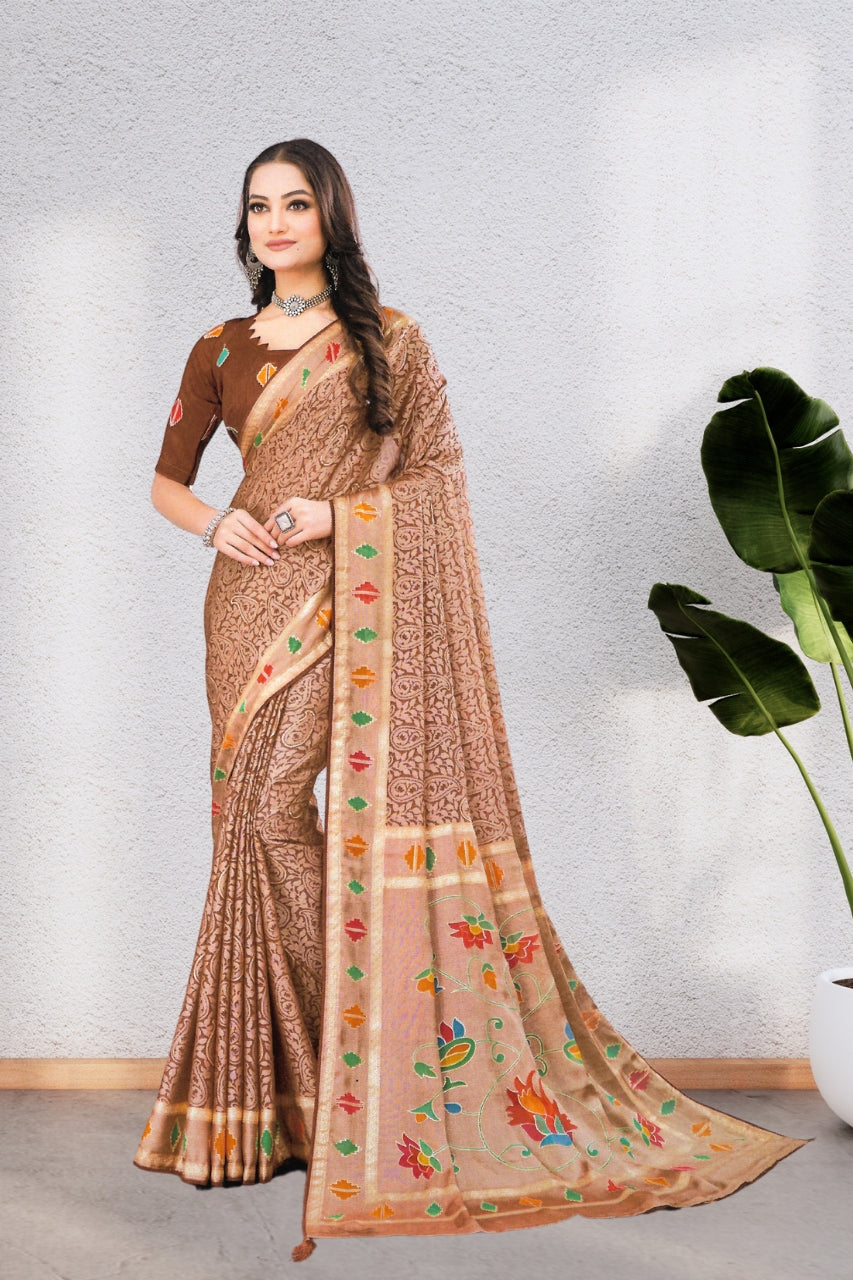 ISHYA SILK SAREE WITH BEAUTIFUL AND NECK DESIGNED BLOUSE, 8 BEAUTIFUL COLORS