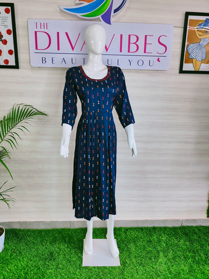 BLUE COLOR LONG FROCK STYLE SUPER SOFT COTTON KURTI FOR WOMEN