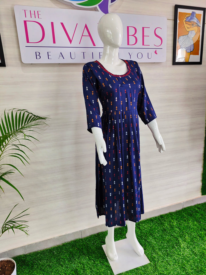 BLUE COLOR LONG FROCK STYLE SUPER SOFT COTTON KURTI FOR WOMEN