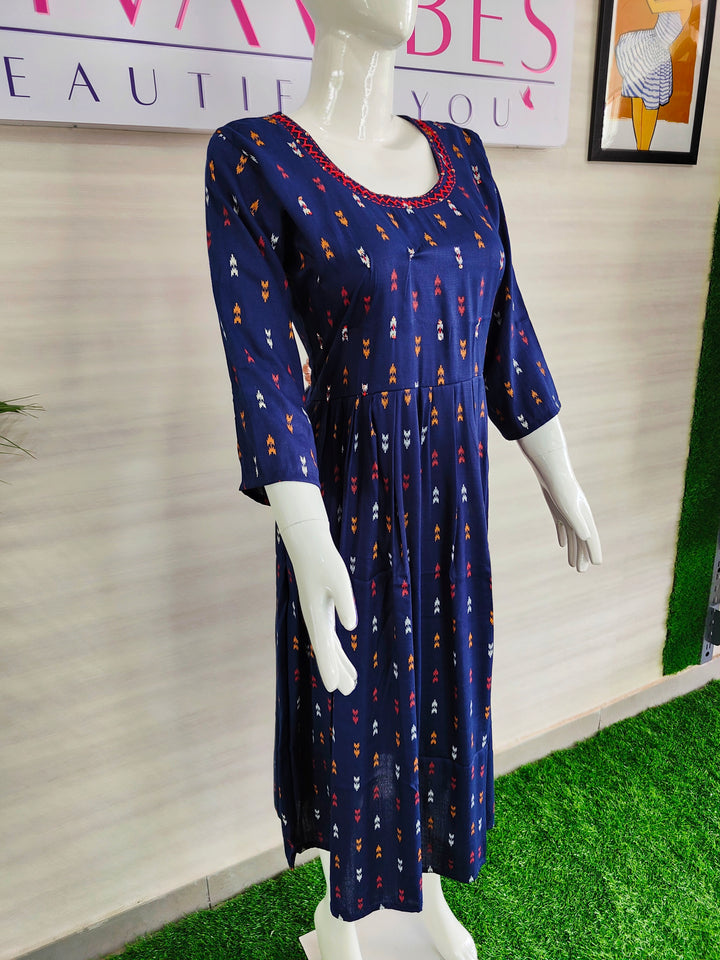 BLUE COLOR LONG FROCK STYLE SUPER SOFT COTTON KURTI FOR WOMEN