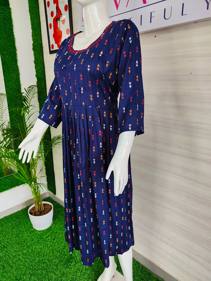 BLUE COLOR LONG FROCK STYLE SUPER SOFT COTTON KURTI FOR WOMEN