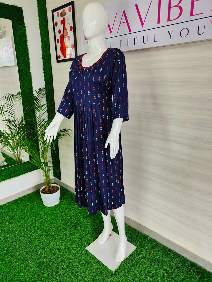 BLUE COLOR LONG FROCK STYLE SUPER SOFT COTTON KURTI FOR WOMEN