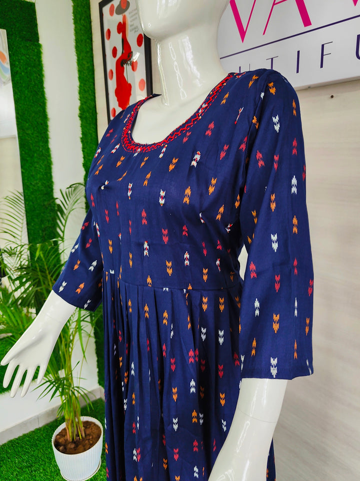 BLUE COLOR LONG FROCK STYLE SUPER SOFT COTTON KURTI FOR WOMEN