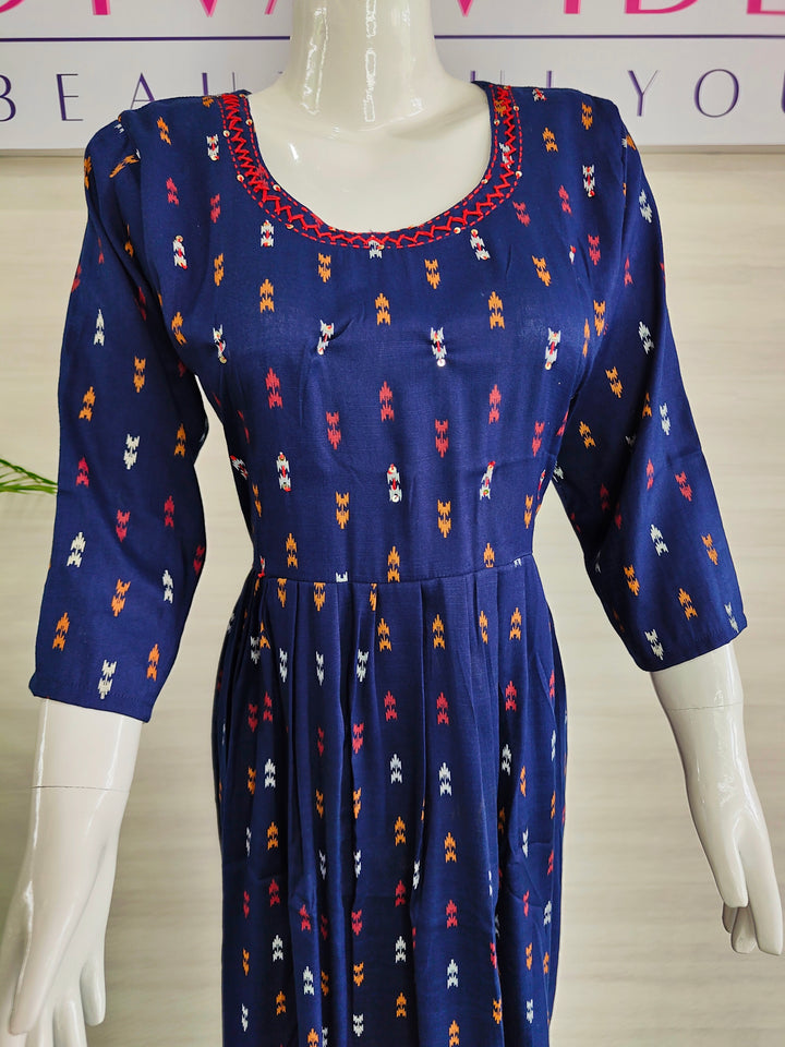 BLUE COLOR LONG FROCK STYLE SUPER SOFT COTTON KURTI FOR WOMEN