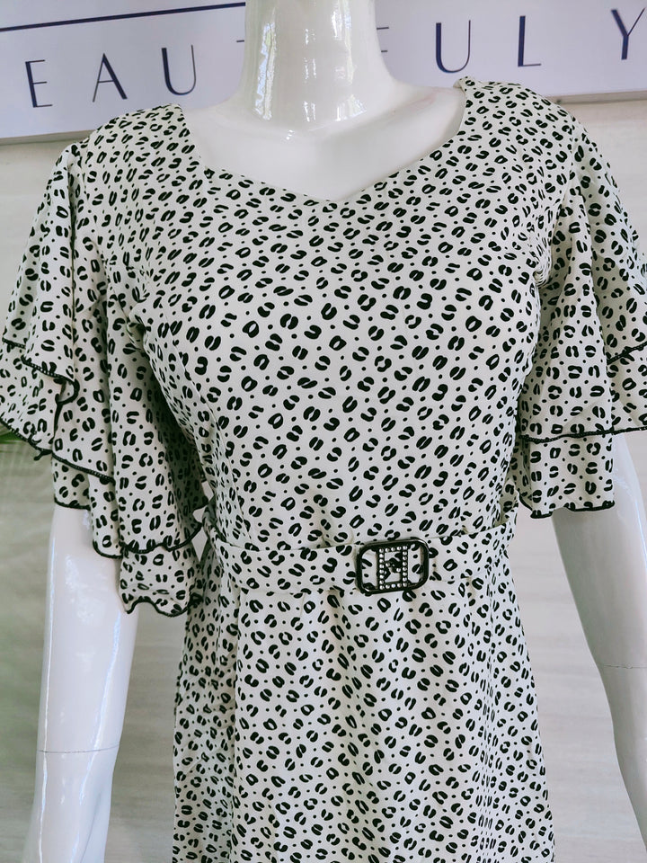 BLACK AND WHITE PRINTED IMPORTED FABRIC TUNIC DRESS FOR WOMEN  - FREE SIZE