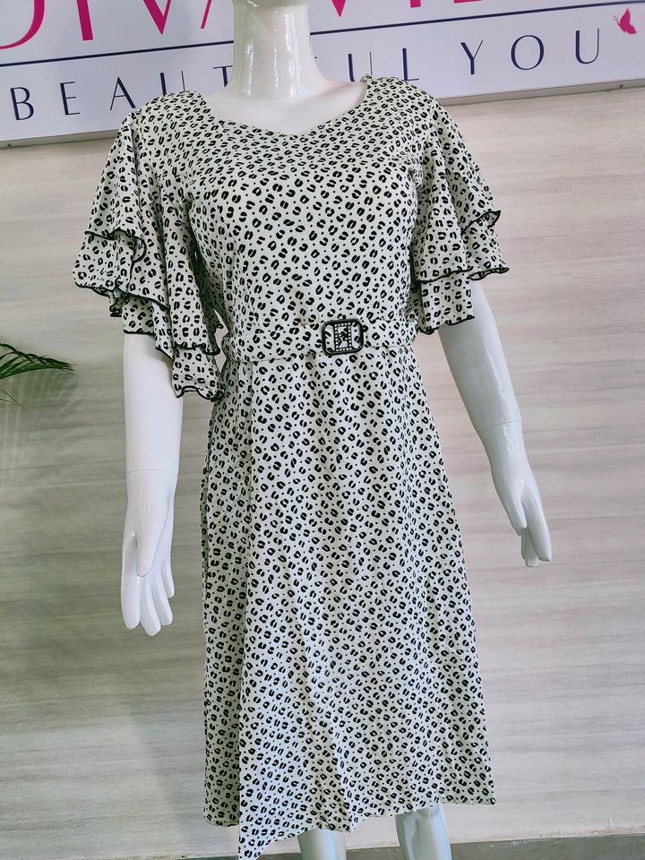 BLACK AND WHITE PRINTED IMPORTED FABRIC TUNIC DRESS FOR WOMEN  - FREE SIZE