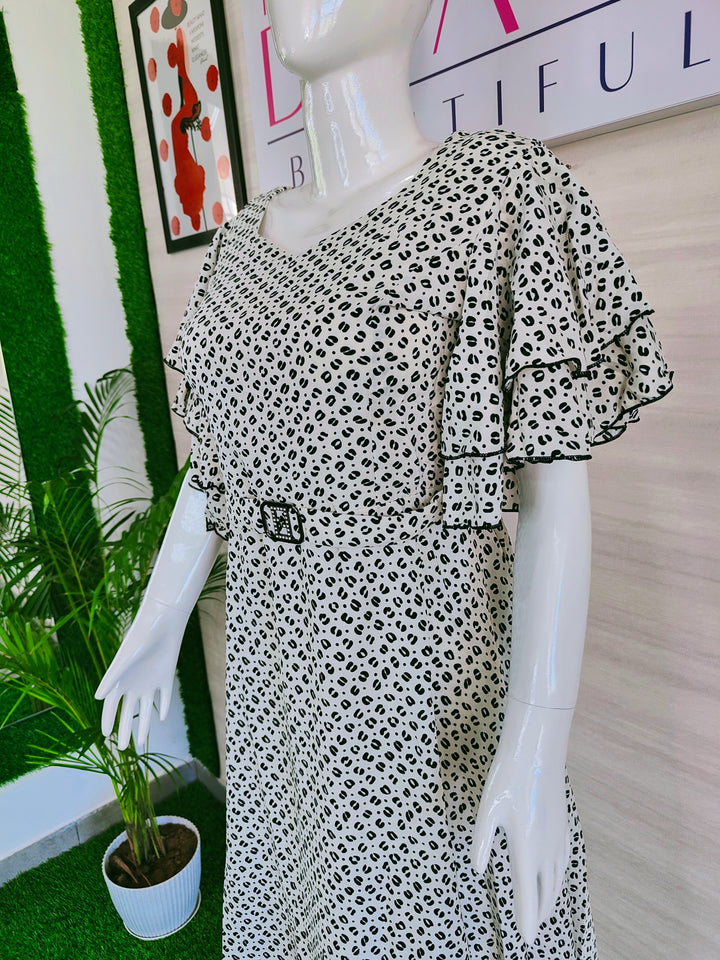 BLACK AND WHITE PRINTED IMPORTED FABRIC TUNIC DRESS FOR WOMEN  - FREE SIZE