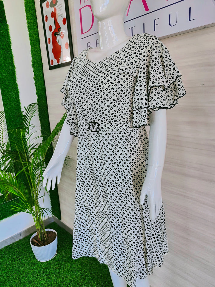 BLACK AND WHITE PRINTED IMPORTED FABRIC TUNIC DRESS FOR WOMEN  - FREE SIZE