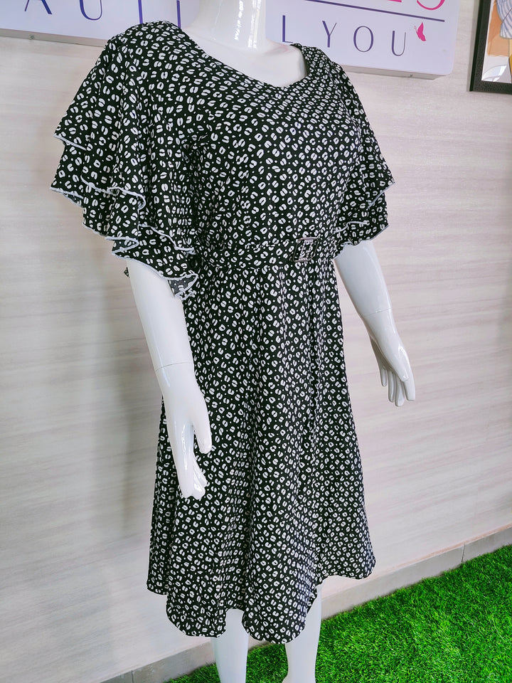 BLACK AND WHITE PRINTED IMPORTED FABRIC TUNIC DRESS FOR WOMEN  - FREE SIZE