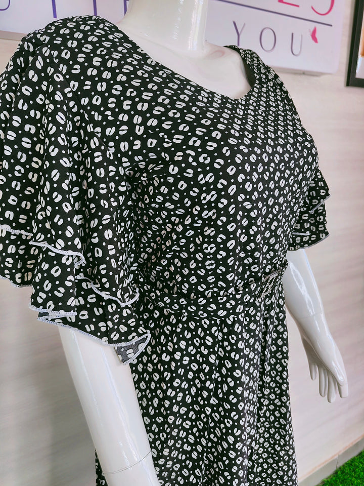 BLACK AND WHITE PRINTED IMPORTED FABRIC TUNIC DRESS FOR WOMEN  - FREE SIZE