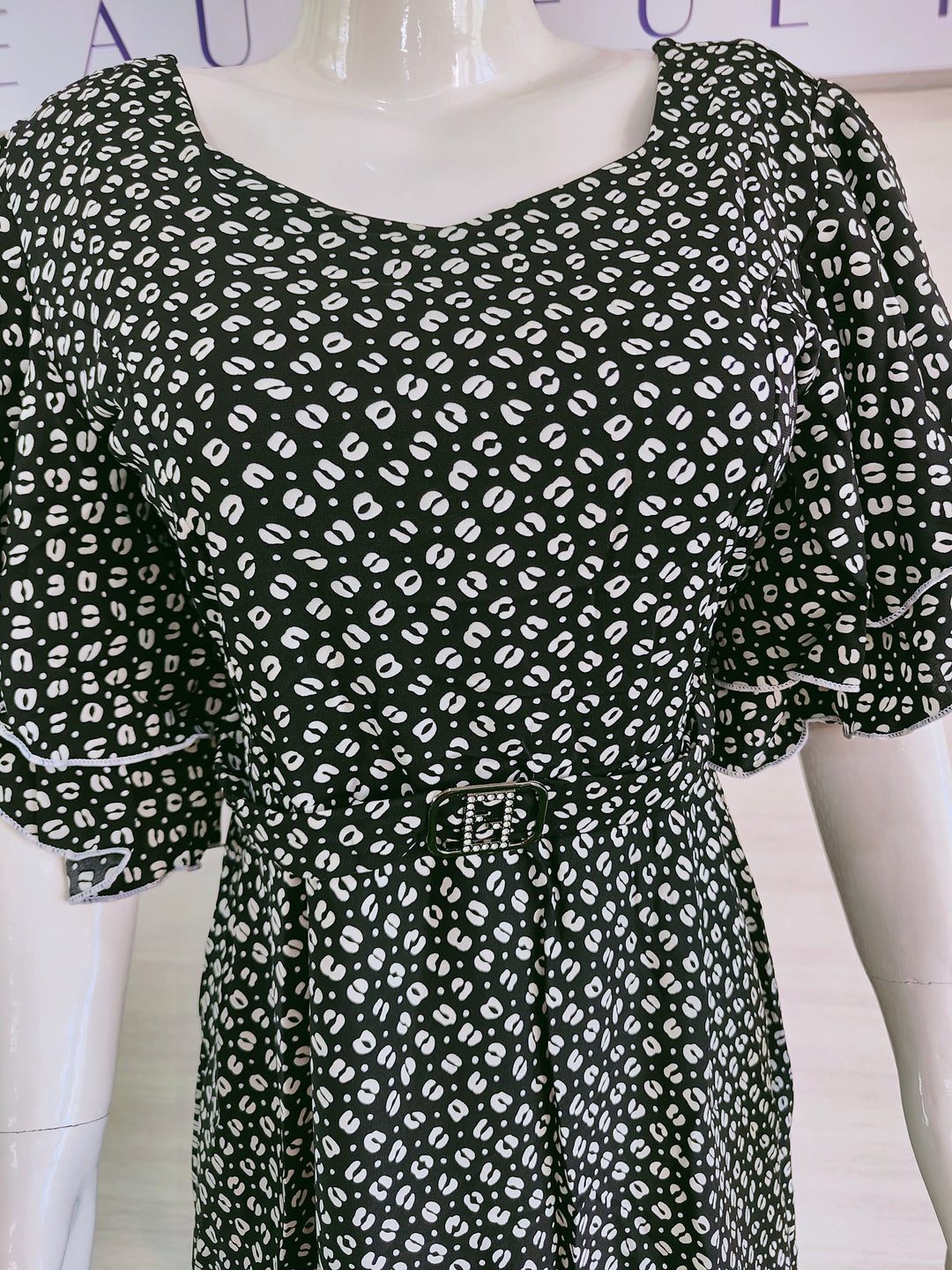 BLACK AND WHITE PRINTED IMPORTED FABRIC TUNIC DRESS FOR WOMEN  - FREE SIZE