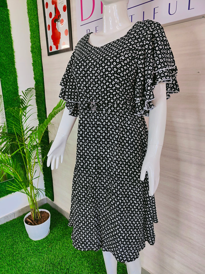 BLACK AND WHITE PRINTED IMPORTED FABRIC TUNIC DRESS FOR WOMEN  - FREE SIZE