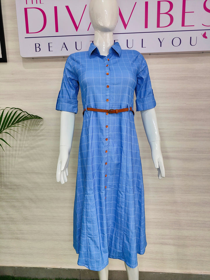 BLUE COLOR PRINTED SQUARE DENIM FABRIC TUNIC WITH BELT FOR WOMEN