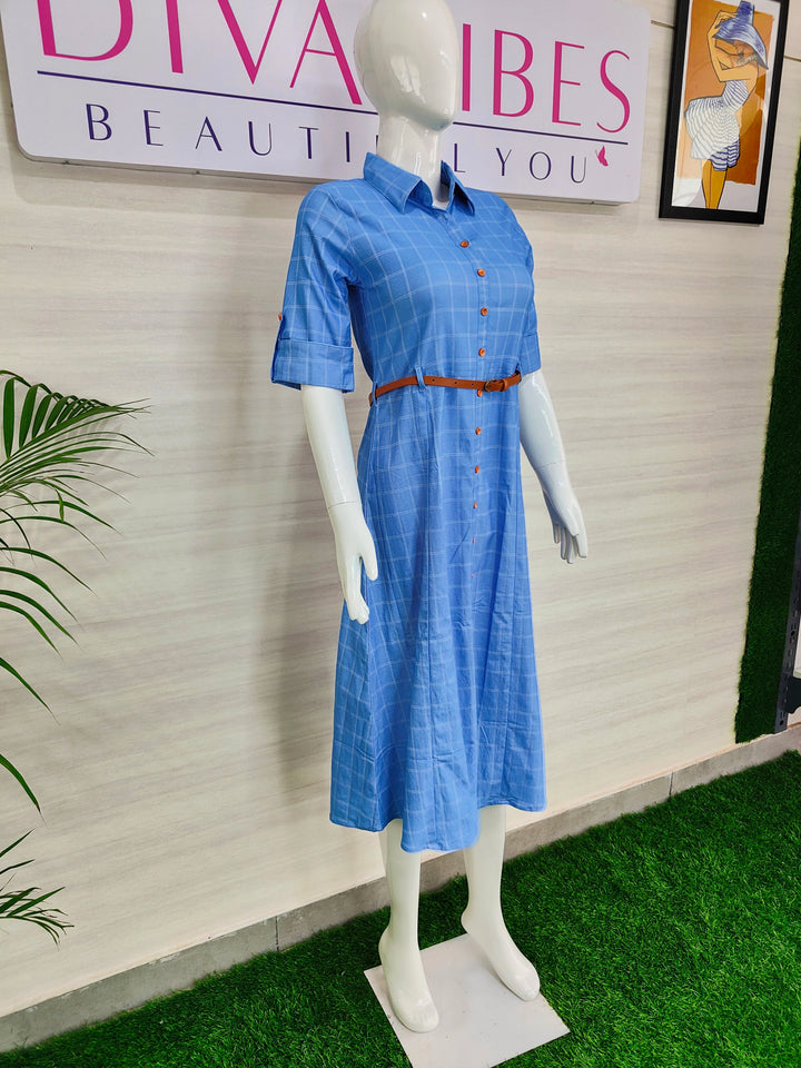 BLUE COLOR PRINTED SQUARE DENIM FABRIC TUNIC WITH BELT FOR WOMEN