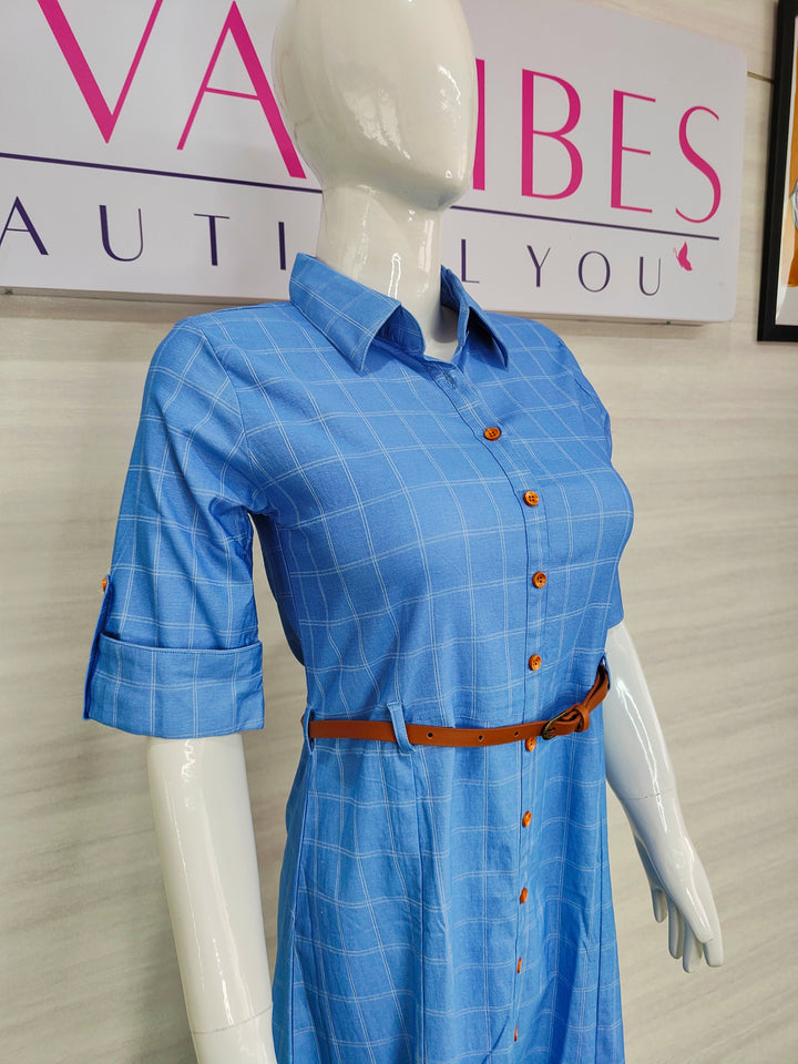 BLUE COLOR PRINTED SQUARE DENIM FABRIC TUNIC WITH BELT FOR WOMEN