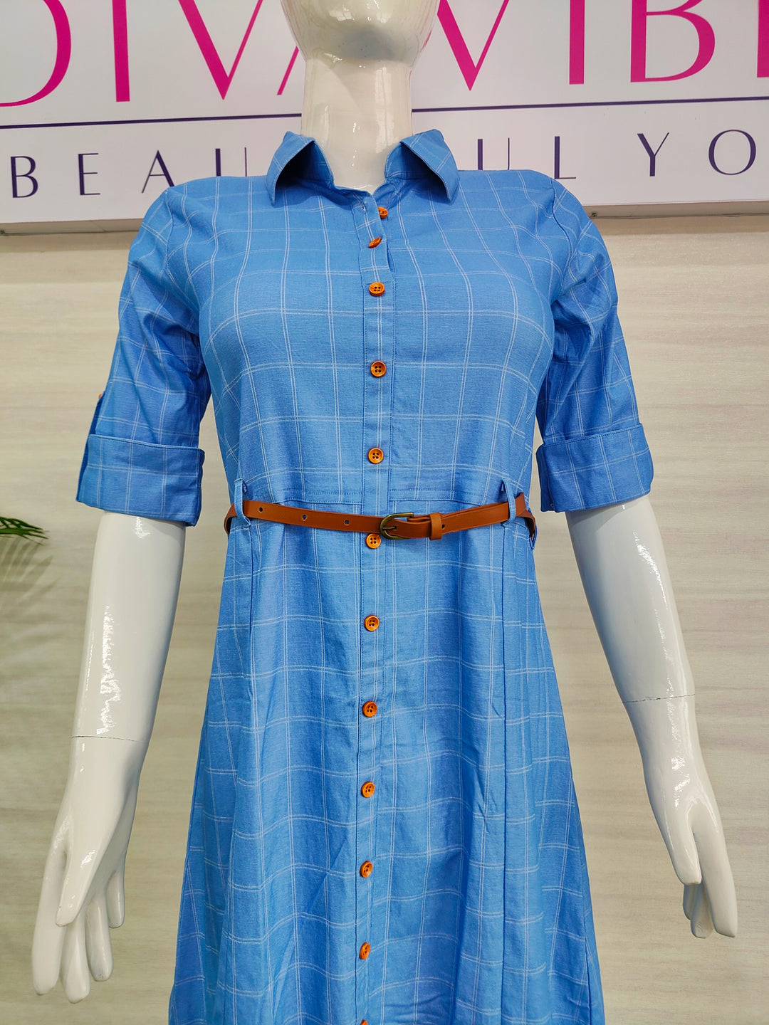 BLUE COLOR PRINTED SQUARE DENIM FABRIC TUNIC WITH BELT FOR WOMEN