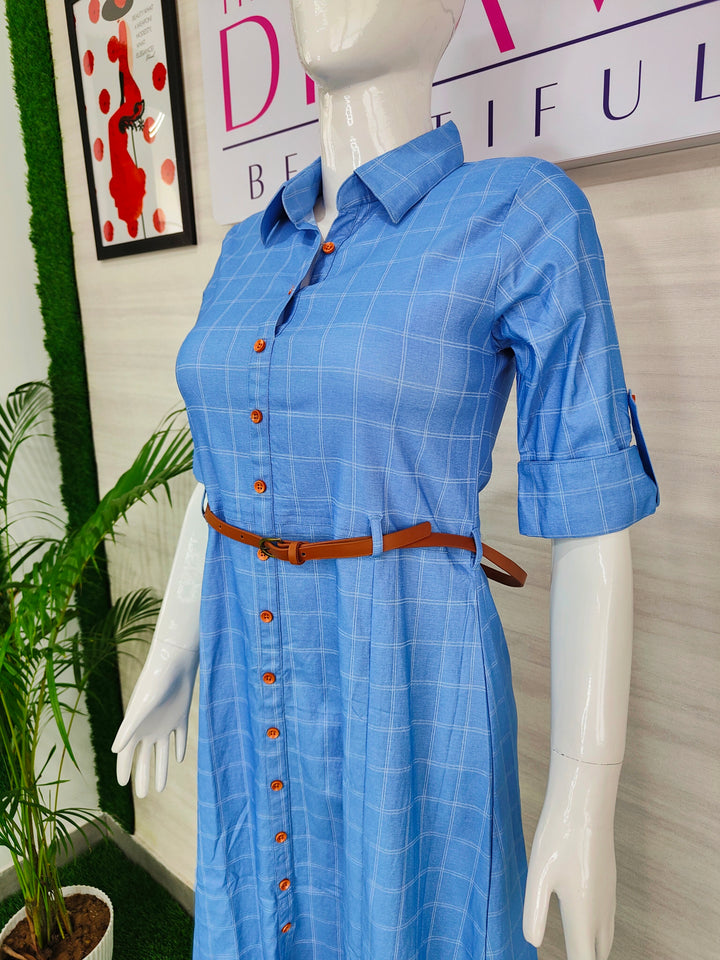 BLUE COLOR PRINTED SQUARE DENIM FABRIC TUNIC WITH BELT FOR WOMEN