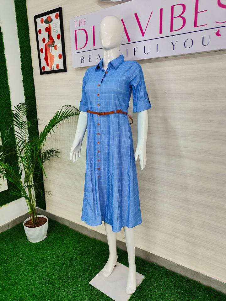 BLUE COLOR PRINTED SQUARE DENIM FABRIC TUNIC WITH BELT FOR WOMEN