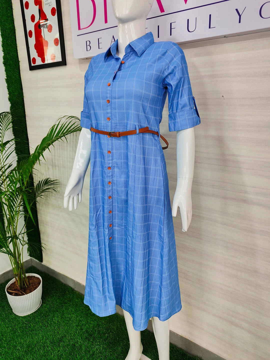 BLUE COLOR PRINTED SQUARE DENIM FABRIC TUNIC WITH BELT FOR WOMEN