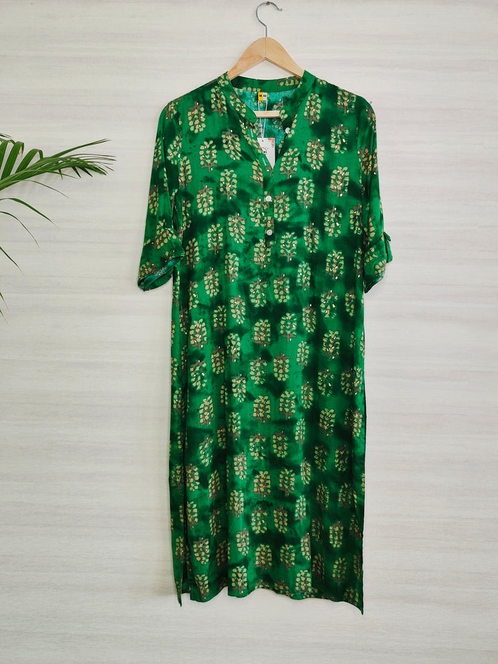 GREEN GOLDEN PRINY DESIGN SUPER SOFT COTTON KURTI FOR WOMEN