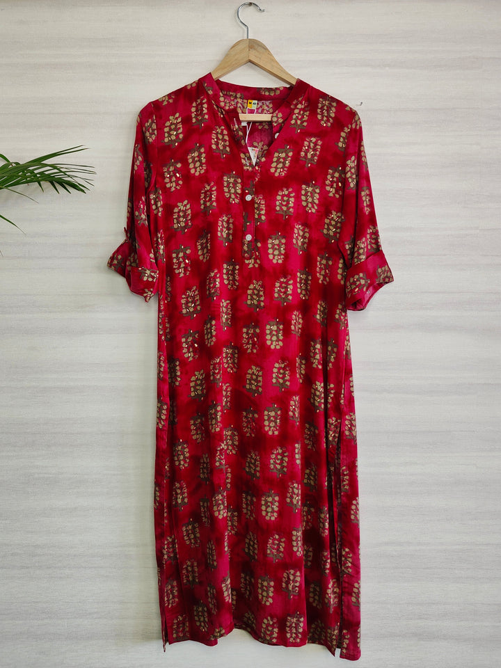 RED COLOR, GOLDEN PRINTED SUPER SOFT KURTI FOR WOMEN