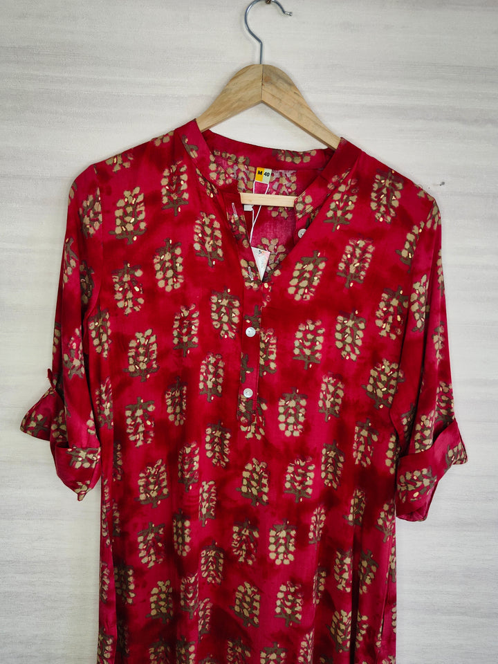 RED COLOR, GOLDEN PRINTED SUPER SOFT KURTI FOR WOMEN