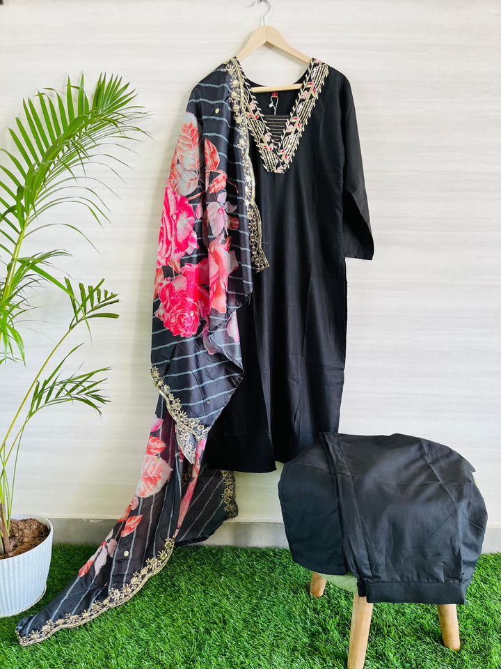 BLACK MUSLIN SUIT WITH DIGITAL PRINTED FLORAL DUPATTA