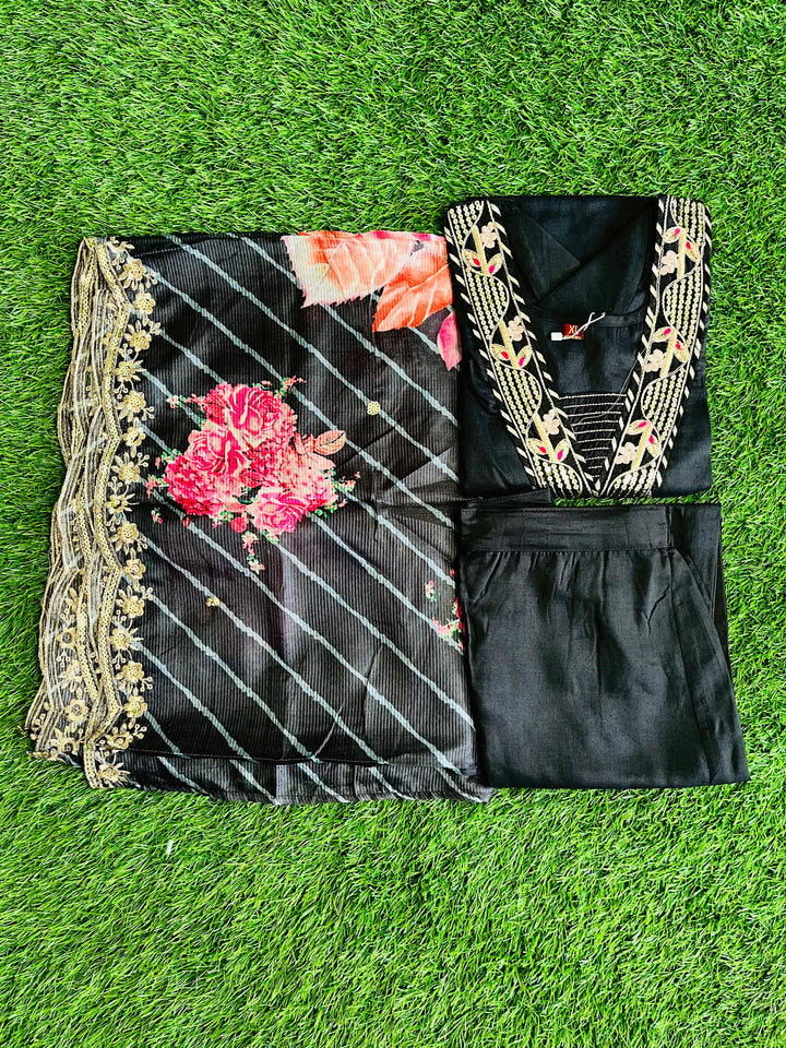 BLACK MUSLIN SUIT WITH DIGITAL PRINTED FLORAL DUPATTA