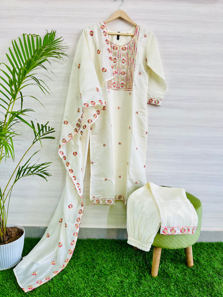 OFF WHITE COTTON EMBROIDERY SUITE WITH COTTON DUPATTA