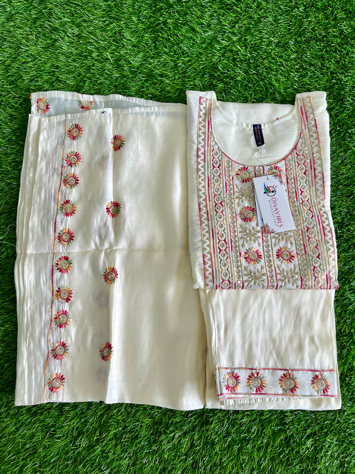 OFF WHITE COTTON EMBROIDERY SUITE WITH COTTON DUPATTA