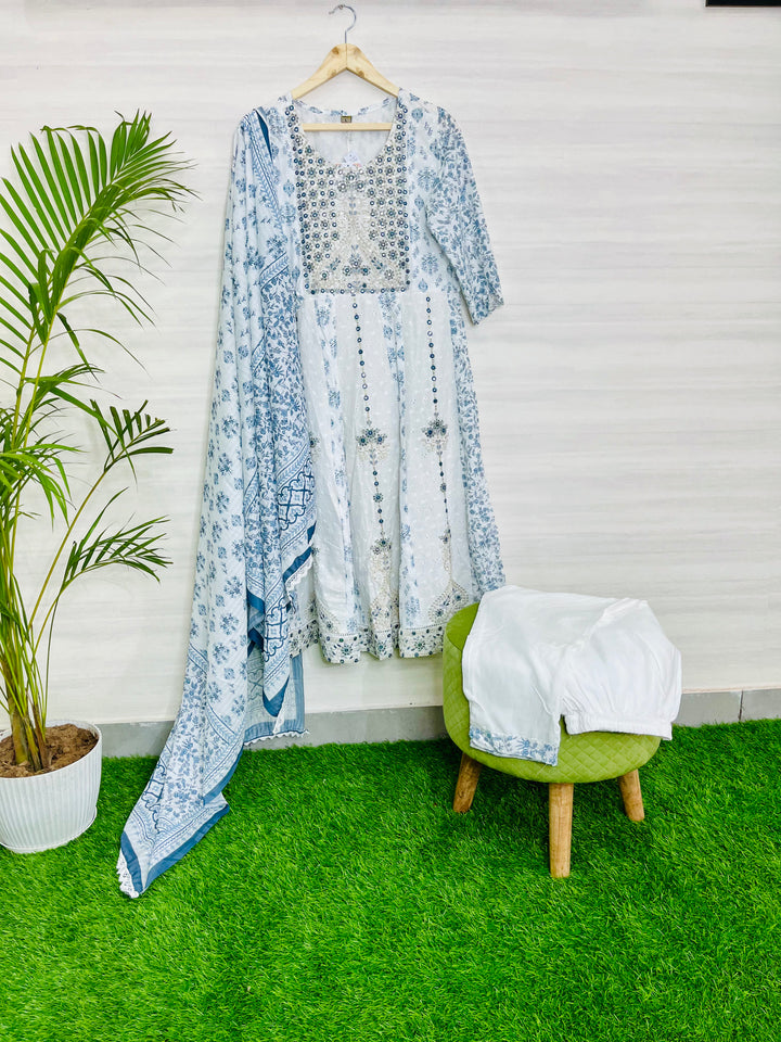 WHiTE and BLUE ANARKALI SUIT WITH FULL LENGTH PRINTED DUPATTA