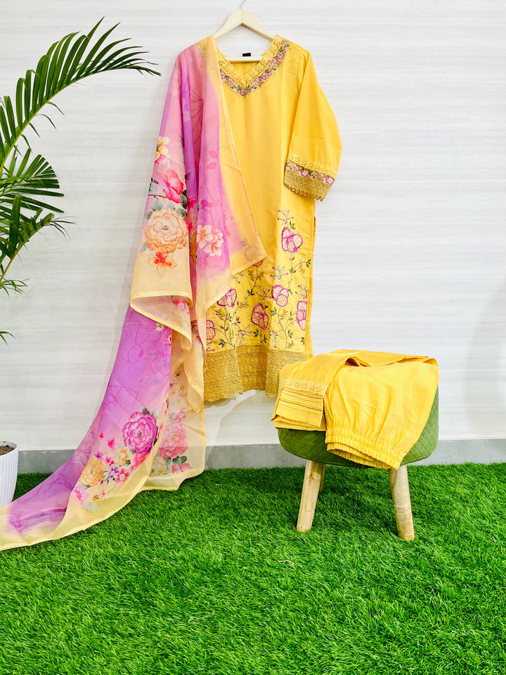 LEMOM-YELLOW MUSLIN SUIT WITH DIGITAL PRINTED FLORAL DUPATTA