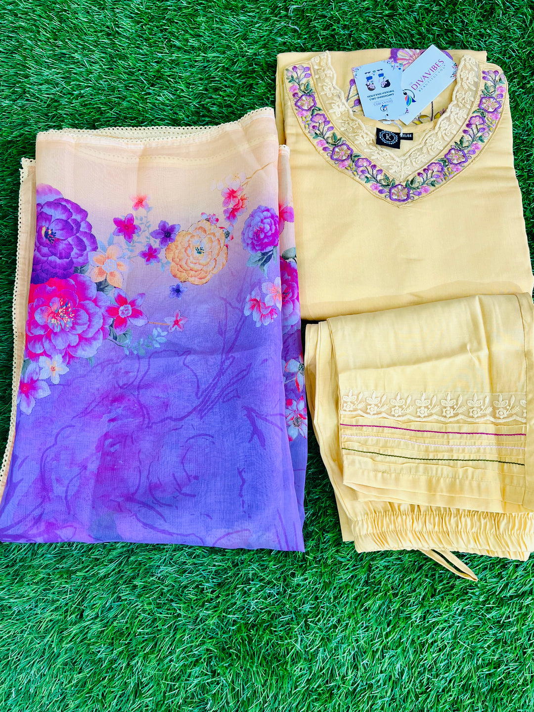 LEMOM-YELLOW MUSLIN SUIT WITH DIGITAL PRINTED FLORAL DUPATTA