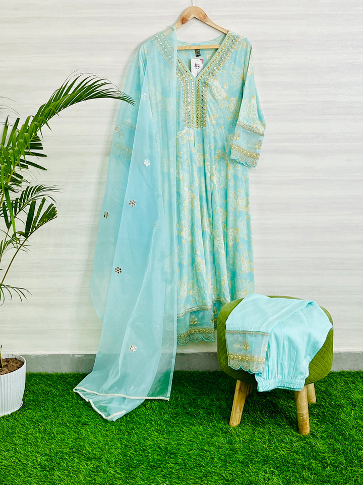 SKY BLUE ANARKALI REYON COTTON SUIT WITH ORGANZA DUPATTA