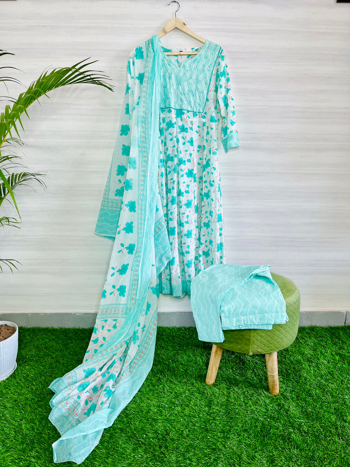 SEA GREEN ANARKALI SUPER SOFT COTTON SUIT WITH FLORAL COTTON DUPATTA