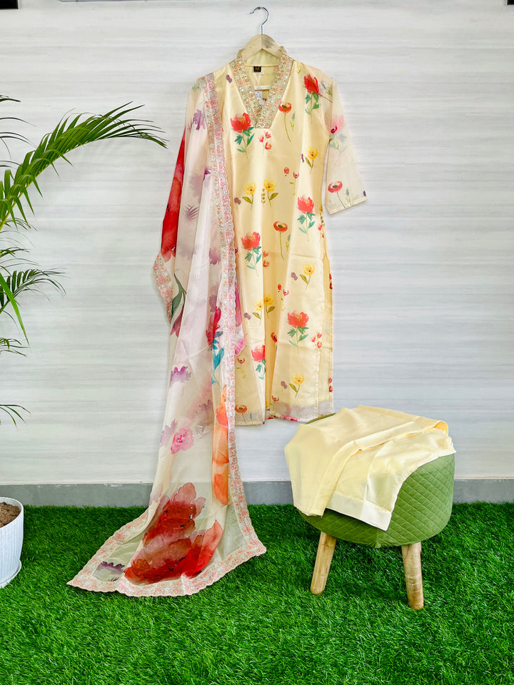 LEMON TEBY SILK SUIT WITH DIGITAL PRINTED FLORAL DUPATTA