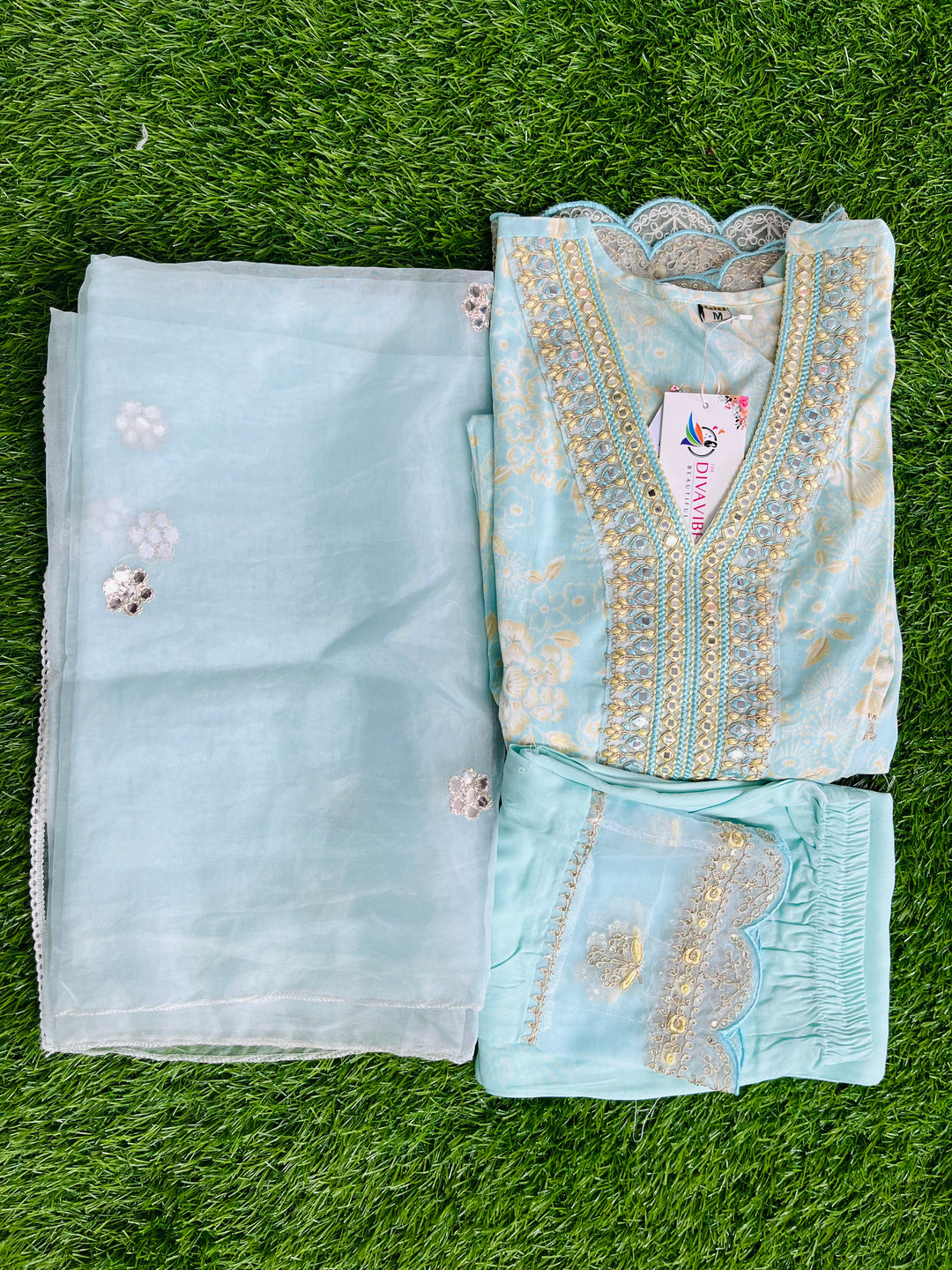 SKY BLUE ANARKALI REYON COTTON SUIT WITH ORGANZA DUPATTA