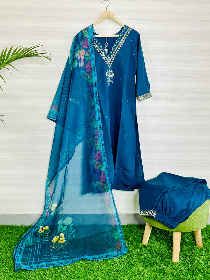 NAVY BLUE ROMAN SILK SUIT WITH DIGITAL PRINTED FLORAL DUPATTA