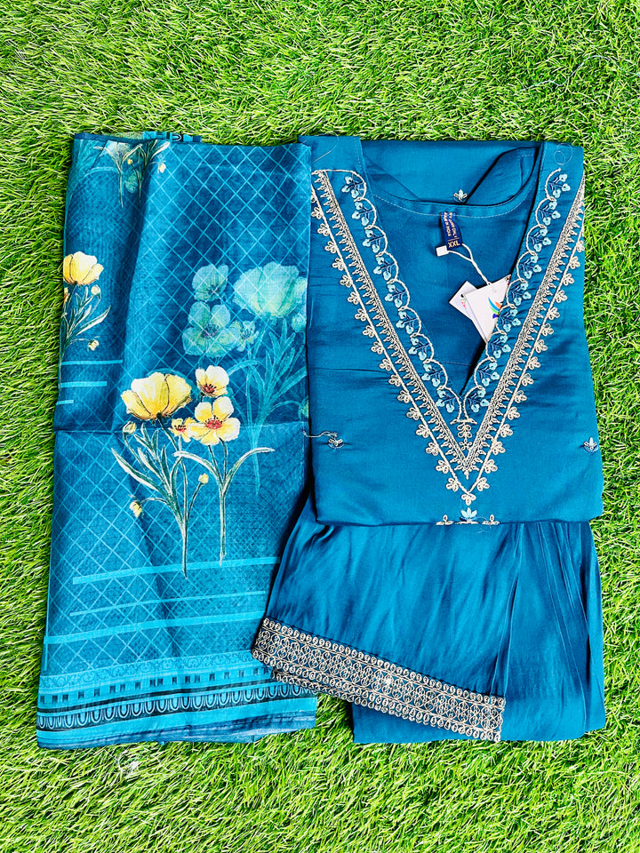 NAVY BLUE ROMAN SILK SUIT WITH DIGITAL PRINTED FLORAL DUPATTA