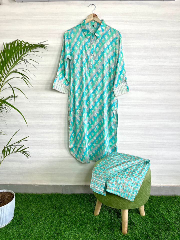 PREMIUM SEA GREEN, SUPER SOFT, COTTON CO-ORDS SET WITH PRINTED DESIGN TOP AND BOTTOM