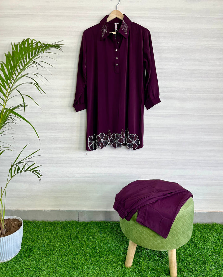 PREMIUM PURPLE IMPORTED FABRIC CO-ORDS SET WITH PEARL DESIGN ON COLOR AND TOPS BOTTOM